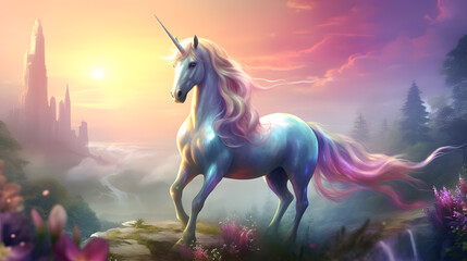 Obraz na płótnie Canvas Enchanted Unicorn in Mystical Landscape at Sunset