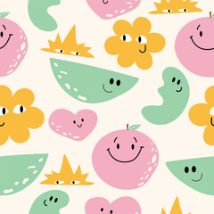Colourful seamless pattern with abstract smiling shapes. Square vector childish design.