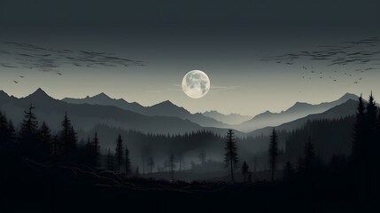 Moonlit Mountainscape with Silhouetted Forest