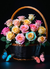 Photo of the basket with pastel colors roses and butterflies