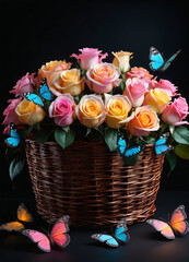 Photo of the basket with pastel colors roses and butterflies