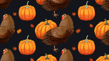 Turkey and Pumpkins Seamless Autumn Pattern for Festive Backgrounds