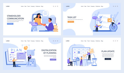 Business Planning Concepts set. Collaborative stakeholder discussions, effective task lists creation, embracing digital planning tools, and timely plan revisions. Flat vector.