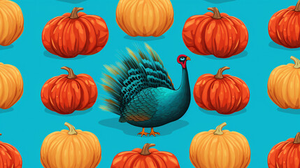 Turkey and Pumpkins Seamless Autumn Pattern for Festive Backgrounds