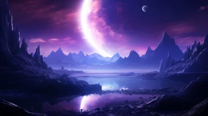 Fototapeten 3d rendered Space Art: Alien Planet - A Fantasy Landscape with purple skies and stars © vannet