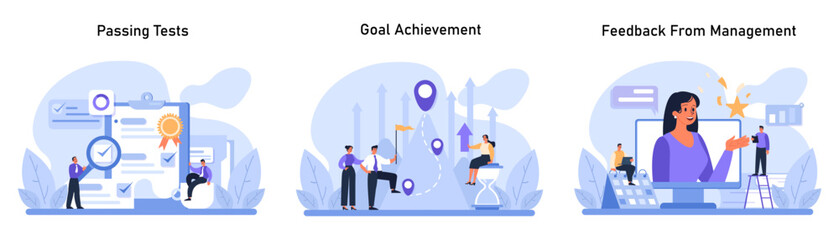 Professional Progress set. Employees excel in tasks, reach career objectives, and receive commendations. Passing tests, goal achievement, and feedback from management. Flat vector illustration.