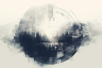 Double exposure of modern black and white forest and circle - obrazy, fototapety, plakaty