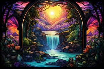 Stained glass window of waterfall and nature