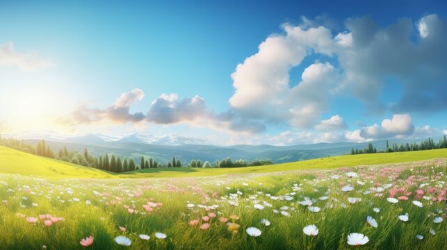 Landscape of beautiful scenery of flowers blooming on the meadow in spring season with sunlight and blue sky background. Horizontal panoramic view of nature grass field