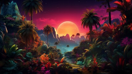 Fototapeta na wymiar Vibrant digital artwork depicting a tropical jungle with lush foliage, colorful plants, and palm trees against a bright, empty background