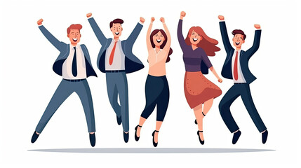 Fototapeta premium Happy smiling people jumping at work winning party Flat vector illustration daily activities working AI Generated