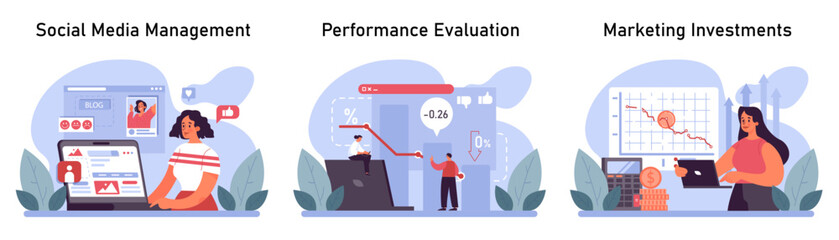 Marketing Mastery set. A triptych of digital marketing strategy, from content creation in social media to performance metrics analysis, concluding with smart investment strategies. vector illustration