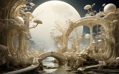A white mushroom background with bridge.