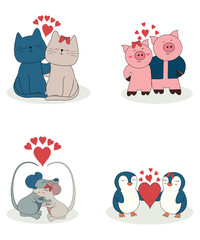 Valentine's Day Animal Couple Collection Of Pig Mouse Penguin And Cat