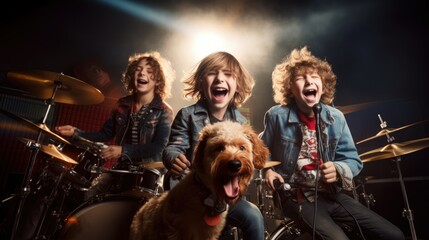 kids rock band playing in music studio with Dog, Fun and powerful - obrazy, fototapety, plakaty