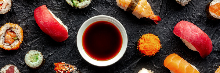 Sushi with soy sauce panorama. An assortment of rolls, maki, nigiri etc, overhead flat lay shot on...