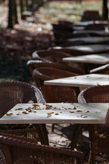 Fototapeta na wymiar Empty tables in closed outdoors cafe with dry autumnal leaves. Space for text.