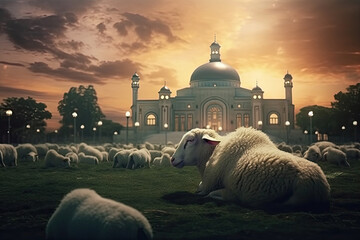 Obraz premium 3D illustration of Mosque Eid Al Adha, Greeting Poster, AI Generated