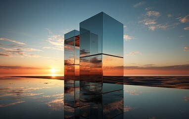 A mirrored cube with a reflection at the sunset seaside.