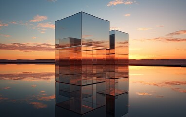 A mirrored cube with a reflection at the sunset seaside. - obrazy, fototapety, plakaty