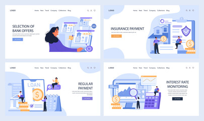 Banking activities set. A woman examines various bank offers, clients navigate insurance payments, individuals paying loans, and professionals monitor interest rates. Flat vector illustration. - obrazy, fototapety, plakaty