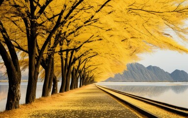 Naklejka na ściany i meble Autumn in the park with yellow trees.