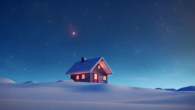 Christmas House in the Night: snowing at Winter, warm xmas illustrated animation