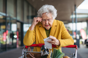 Elderly woman checking her receipt after purchase, looking at amount of money spent, ensuring all charges are correct.