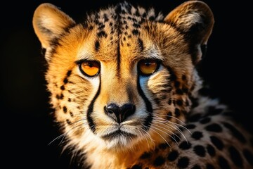 A mesmerizing cheetah on a dark background. - obrazy, fototapety, plakaty