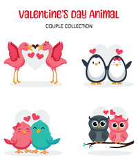 Kawaii Valentine's Day Animal Couple Collection Of Flamingo Penguin Owl And Bird