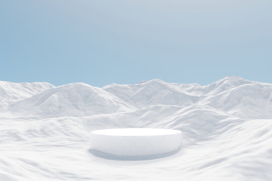 3d render platform and Natural winter background, Ice snow podium on the snow mountain for product display, advertising, mockup or etc