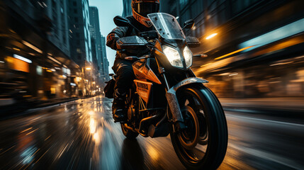 A photograph with motion blurred background, of a Biker riding a bike through a street in busy city...