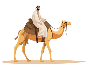 2D flat illustration of an Arab riding a camel in the desert. Isolated in a white background.