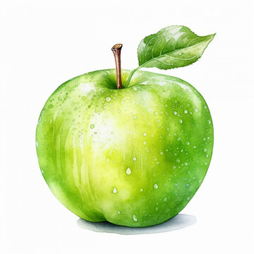 Ripe green apple with leaf isolated on white background. Watercolour illustration.