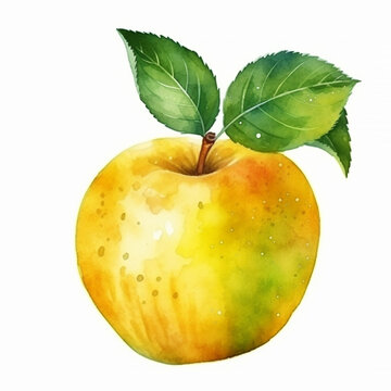 Ripe gold yellow apple with leaf isolated on white background. Watercolour illustration.