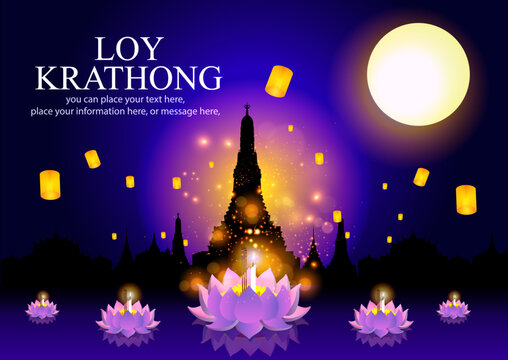 Floating lantern, Loy Krathong and Yi Peng lantern festival in Chiang Mai, thailand, banner on full moon and firework righting night and Culture of Thailand vector illustration background