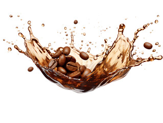 Dynamic Coffee Splash and Beans , isolated on a transparent or white background