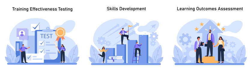 Professional Development set. Evaluating training results, climbing skill enhancement ladder, and celebrating learning successes. Training Effectiveness Testing, Skills Development. Flat vector.