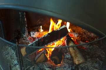 Birch wood burns in the fireplace. - obrazy, fototapety, plakaty
