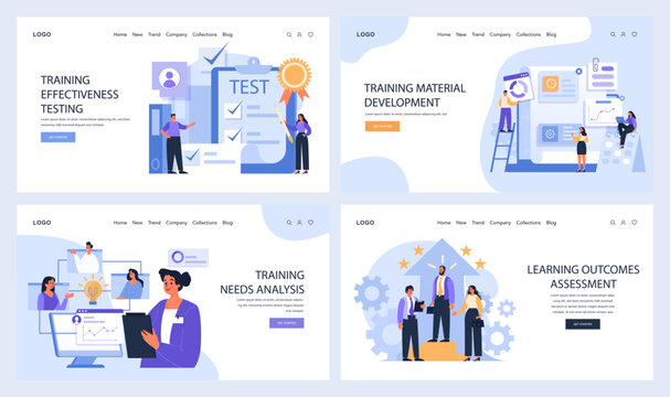 Training and Development set. Experts ensuring efficient learning through tests, creating engaging content, analyzing training needs, and assessing outcomes. Workplace skill enhancement. Flat vector.