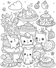 Kawaii style, coloring book page for kids, vector line art