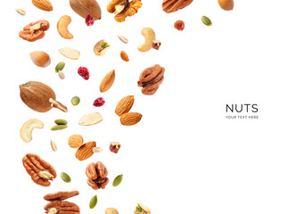 Creative layout made of nuts on the white background. Flat lay. Food concept. Macro concept. Pecan, walnut, hazelnut, cashew, almonds, pumpkin seeds, sunflower seeds on the white background. - obrazy, fototapety, plakaty