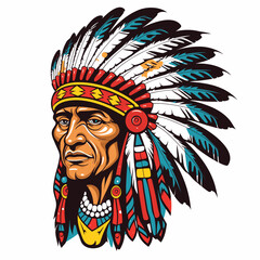 Head of an old wise Indian chief wearing a feather headdress. Vector illustration