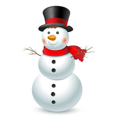 Christmas snowman with top hat and red scarf isolated on white background. Vector illustration.