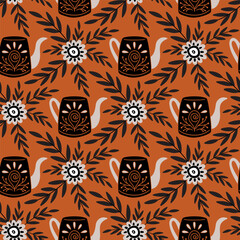 Seamless pattern in vintage style. Teapot with ornament, floral elements. Folk mood. Faded colors, black and orange. Vector illustration.