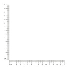Corner ruler 15 cm. Measuring tool template. 15 cm angle ruler. Indicators of centimeter size. Ruler grid 15 cm. Vector illustration. Eps.