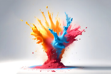 Dry red, yellow, white paints in the air. Splashes on a white background.