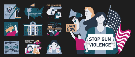 Fototapeta premium Gun control dark or night mode set. Second amendment ban. Weapon regulations law movement. Firearm violence. Mass shooting in public places and school. Flat vector illustration