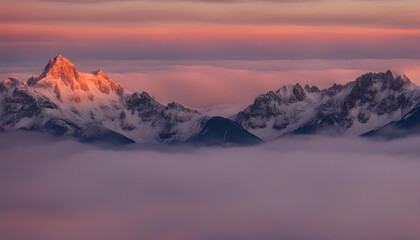 Evening orange mountains in the winter snow season.