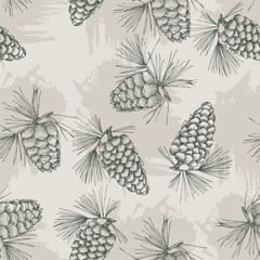 Seamless background pattern with fir tree branches and cones.